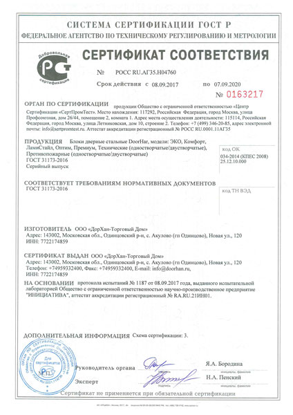 Сертификат Дверные блоки